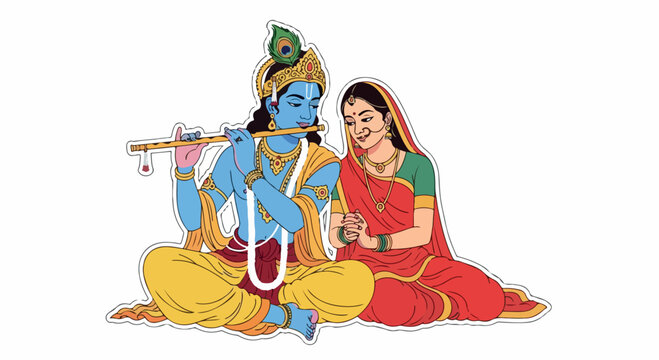 Illustration of Krishna playing a flute with Radha sitting beside him in traditional Indian attire on a white background.