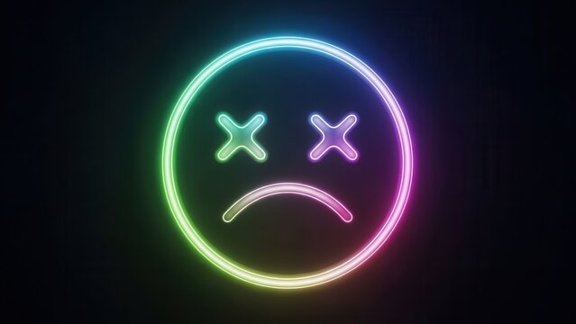 Luminous gradient neon dead face emoji with crossed eyes conveying digital despair on a dark