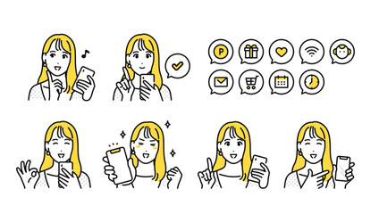 Naklejka na ściany i meble スマートフォンを見るポジティブな20代女性と通知アイコンセット