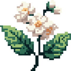 Fototapeta premium Delightful pixel art floral design featuring delicate white blossoms and green leaves, evoking a retro video game aesthetic and natural beauty concept, perfect for charming digital projects