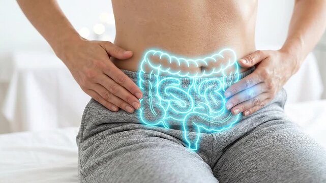 Gut health ibs digestive system abdomen pain intestine digestion bowel discomfort, adult man sitting bed holding lower belly with glowing intestine graphic, digestive symptom relief wellness concept