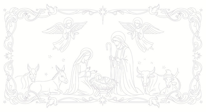 Nativity Scene Line Art with Angels and Animals - Christmas Illustration