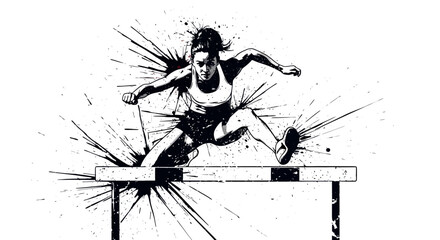 Fototapeta premium Young athlete jumping over hurdle in dynamic ink splash style