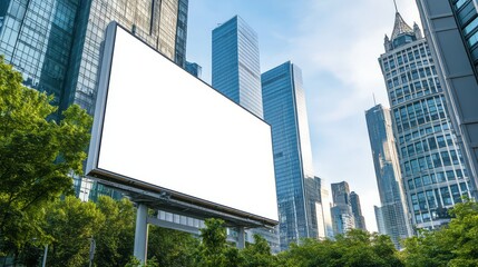 Obraz premium A large blank white billboard stands prominently amidst lush green trees in a bustling modern city environment.