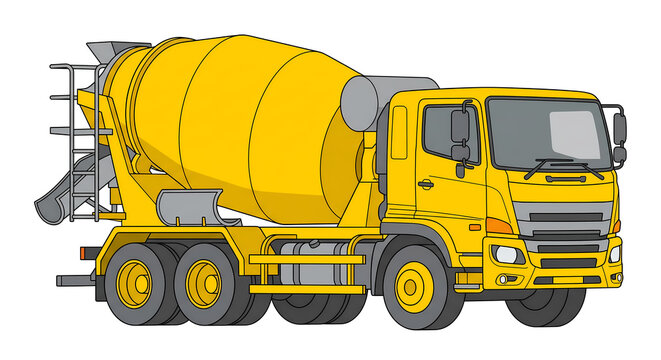 Clean minimalist 2D flat vector graphic of a blank yellow cement mixer truck 3/4 front perspective isolated on white