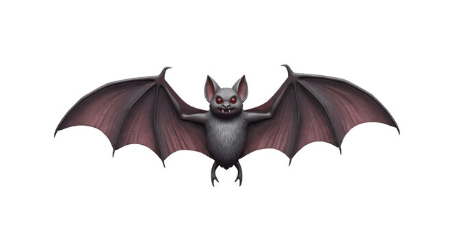 A detailed illustration of a grey bat with wide wings and glowing red eyes, isolated on a white background
