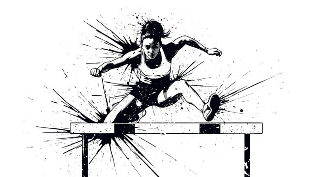 Young athlete jumping over hurdle in dynamic ink splash style