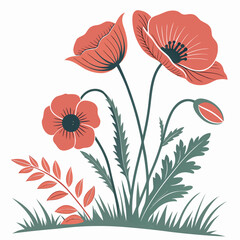 Naklejka premium Three poppy flowers with grass and leaves on white.
