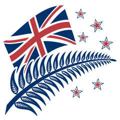 New zealand flag and silver fern with red stars. © Sobur