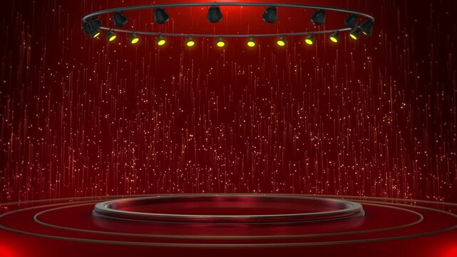 Elegant red stage podium circular platform spotlights glowing particle background, award shows, product display, presentation scenes, celebration events premium showcase ceremonies, live events, stage