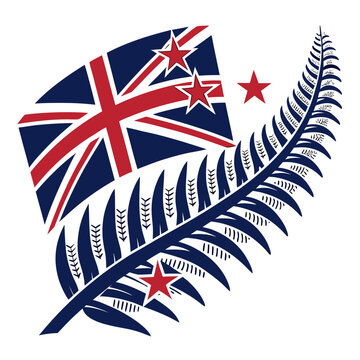 Stylized silver fern with new zealand flag motifs.