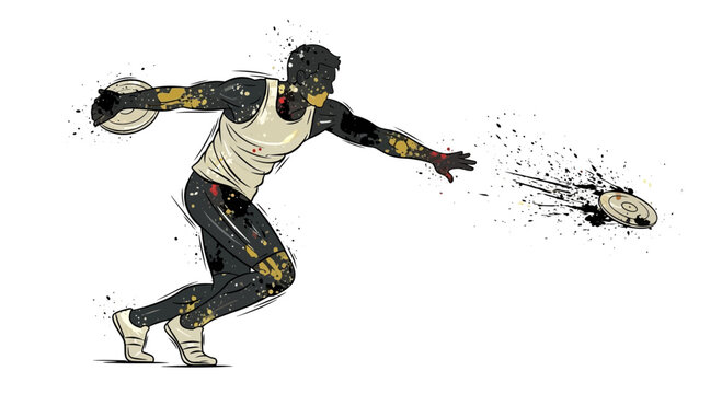 Athlete throwing discus, dynamic illustration with paint splatters