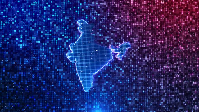 Futuristic technology digital HUD security system India map for slideshows, presentation, trailers, sci-fi openers. India Map on technology abstract map numbers wireframe mesh High-tech technology