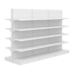 Empty Single and Double-Sided Gondola Shelves for Retail Store Fixtures © AKHMADFAIZUL