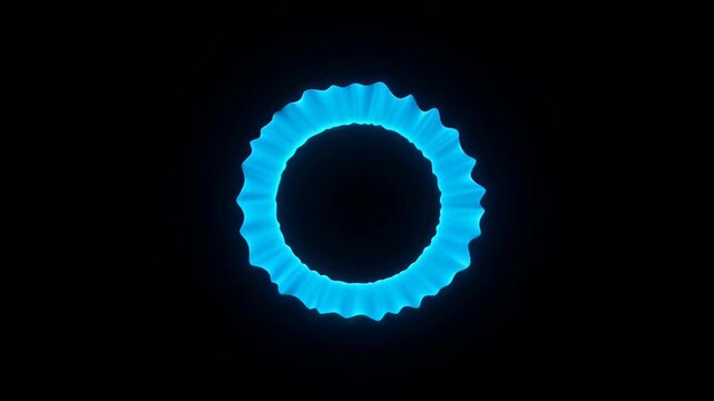 Glowing blue neon ring circle with ruffled wavy edge black background, abstract luminous light sculpture and glowing circular waveform energy ring radiating soft electric blue glow, futuristic calm