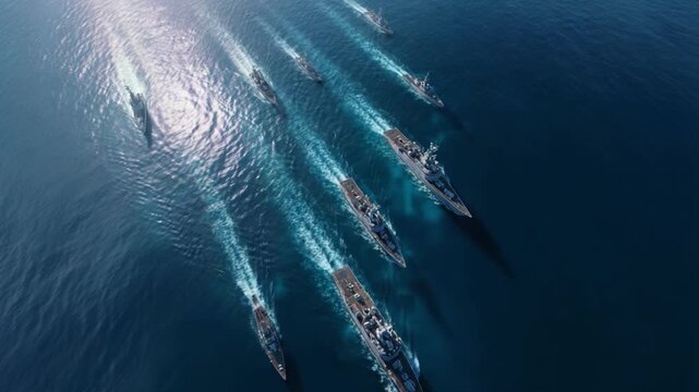 Aerial view shows naval fleet sailing in formation across deep blue ocean. Sunlight glints off water as ships leave white wakes behind them. This footage captures military power