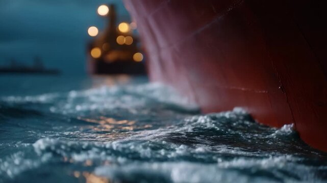 Close-up of a massive ship's hull slicing through water. Waves splash and shimmer under golden lights. Bokeh lights glow softly in background. Captures powerful motion and dramatic maritime energy