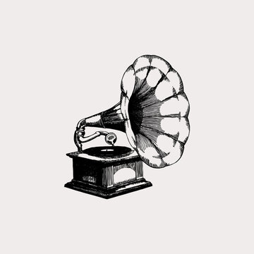 Vintage gramophone record player hand drawn sketch