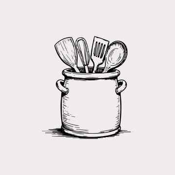 Kitchen utensils in a ceramic crock line art illustration