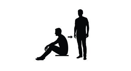 Silhouette of a man sitting down and then standing up, showing the transition from a seated to a standing position, conceptual illustration of movement and change © Hikari Vector Studio