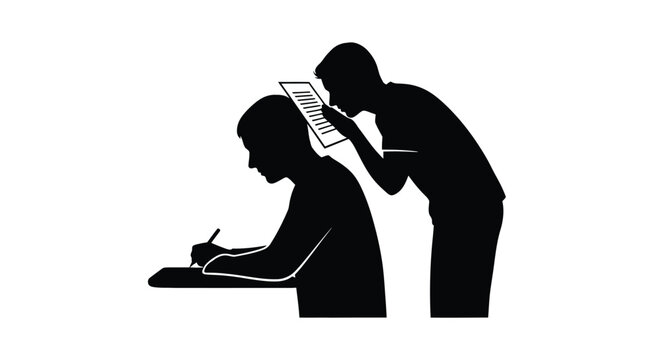 Silhouette of a student writing at a desk while another person stands behind him looking at a document, representing academic collaboration, cheating, or peer review in a classroom setting