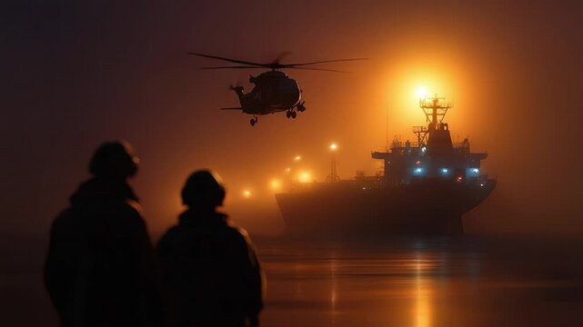 Dark silhouettes watch as helicopter hovers near ship. Orange glow illuminates foggy waters at night. People stand still, focused on aerial and maritime activity. Suitable for naval operations