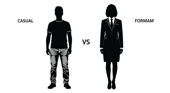 Casual vs formal dress code concept, silhouette of a man in tshirt and jeans versus a woman in a business suit