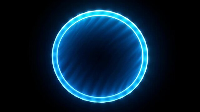 Glowing neon blue circular frame with soft radial light beams and dark center. glowing neon blue circle frame glow radial light beam dark center futuristic energetic minimal sci-fi abstract background