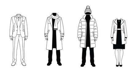 Set of winter and formal clothing for men and women, including suits, coats, puffer jackets, and dresses © Hikari Vector Studio
