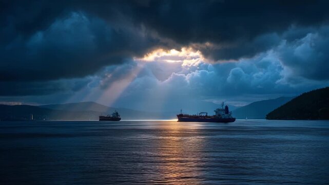 Dark clouds break apart to let rays of light shine through. Two large ships float peacefully on calm water. Mountains rise quietly in the background under this dramatic sky