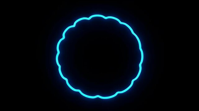 Neon blue circular frame glowing black background electric scalloped ring with soft glow and futuristic minimal design evoking modern tech ambiance neon blue glowing circle with subtle irregular edge