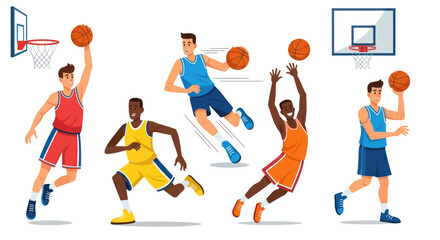 Basketball players in action, dribbling, jumping, and shooting on a white background © nongko