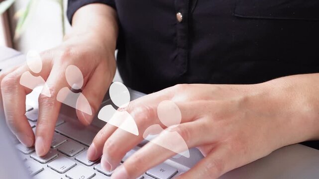 Close-up view of an executive typing on her laptop with an animated row of avatars, one of which stands out. This indicates the correct personnel selection.