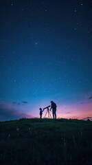 Fototapeta premium Man and child looking at the stars with a telescope at night