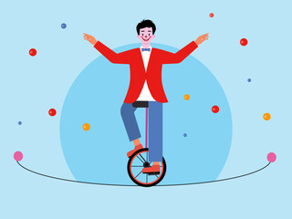 A circus performer balancing on a unicycle while performing on a tightrope. Circus illustrations. Flat vector concepts. © roundsquid