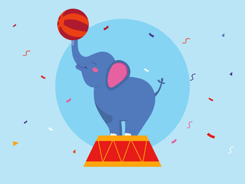 An elephant balancing a ball on its trunk while standing on a small platform. Circus illustrations. Flat vector concepts.