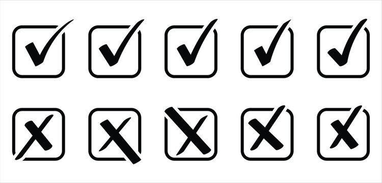 Check tick and cross mark icon set. Vector hand drawn sketch doodle brush marker checklist symbol wrong and right in box. Vector Eps10.