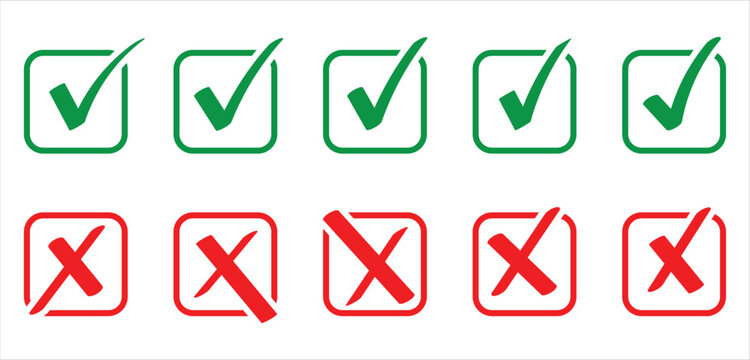 Collection of hand drawn check marks and crosses symbols. Green checkmark and red cross signs, simple hand-drawn style. This icons set isolated on white background.Eps10. 