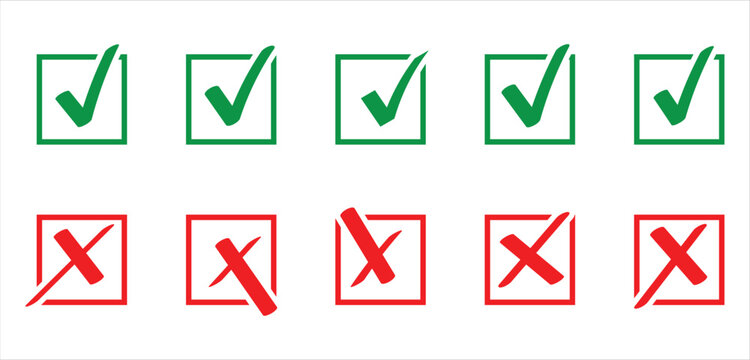 Collection of hand drawn check marks and crosses symbols. Green checkmark and red cross signs, simple hand-drawn style. This icons set isolated on white background.Eps10. 
