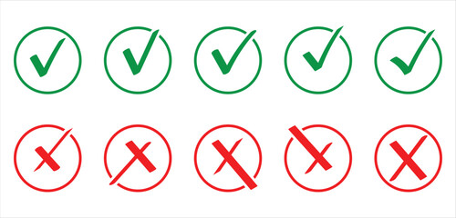 Green tick mark and red cross sign in circle icons for correct and incorrect answers in educational interface. Tick mark icons set isolated on transparent background. Eps10 © Luna Visuals