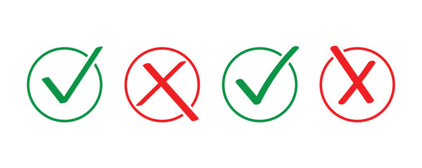 Green tick mark and red cross sign in circle icons for correct and incorrect answers in educational interface. Tick mark icons set isolated on transparent background. Eps10 © Luna Visuals