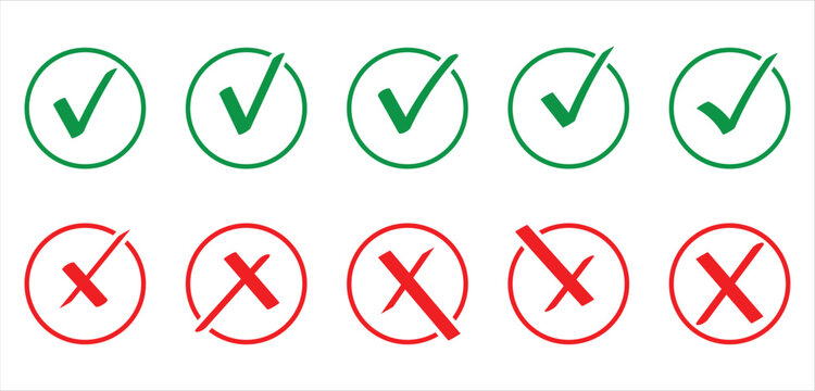 Green tick mark and red cross sign in circle icons for correct and incorrect answers in educational interface. Tick mark icons set isolated on transparent background. Eps10
