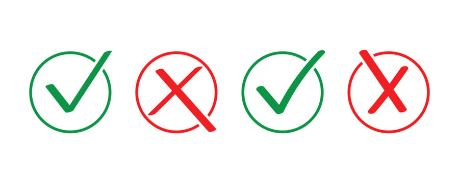 Green tick mark and red cross sign in circle icons for correct and incorrect answers in educational interface. Tick mark icons set isolated on transparent background. Eps10