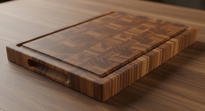 Close-up of a meticulously crafted, end-grain wooden cutting board on a wooden surface