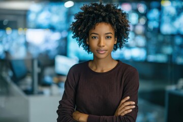 Fototapeta premium African American woman with curly hair poses confidently in modern office with screens behind