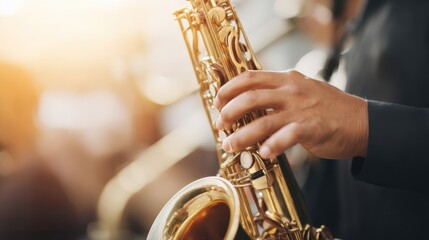 Obraz premium Close-up of musician's hand playing golden saxophone with warm sunlight in the background