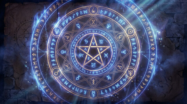 古代のルーン文字と五芒星が輝く魔法陣のイラスト