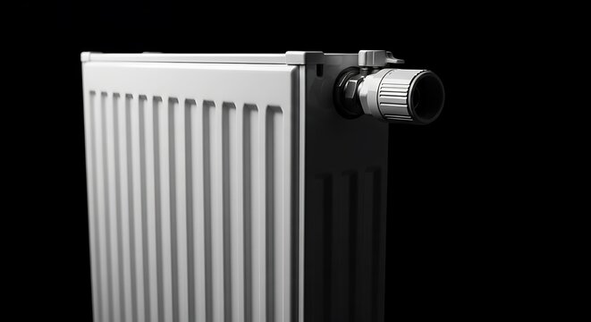 Close-up of a white, ribbed radiator with a valve against a stark black background