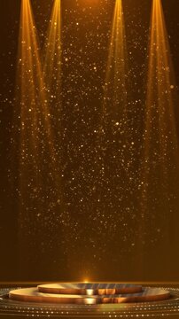 Luxury Golden Podium Stage With Spotlight Background Premium podium soft spotlight glowing particles elegant stage composition high visuals. advertising, product launches award ceremony backgrounds.
