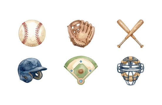 Watercolor Baseball Equipment and Field Icons Set